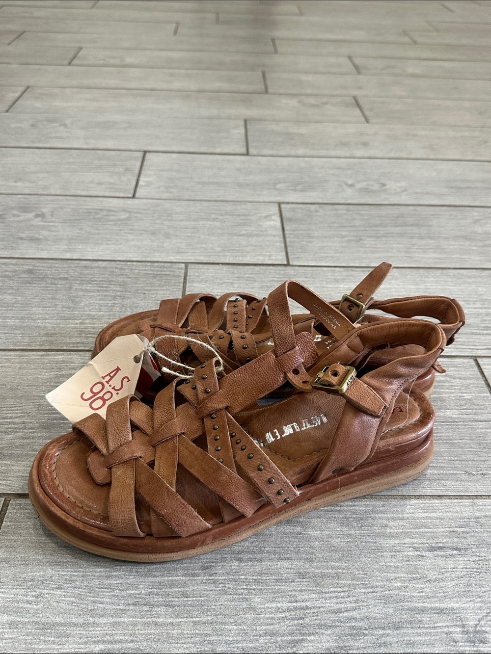 A.S.98 Satchel Brown Leather Studded Ankle Strap Sandals EU 41/US 9.5-10 New! - Picture 6 of 10
